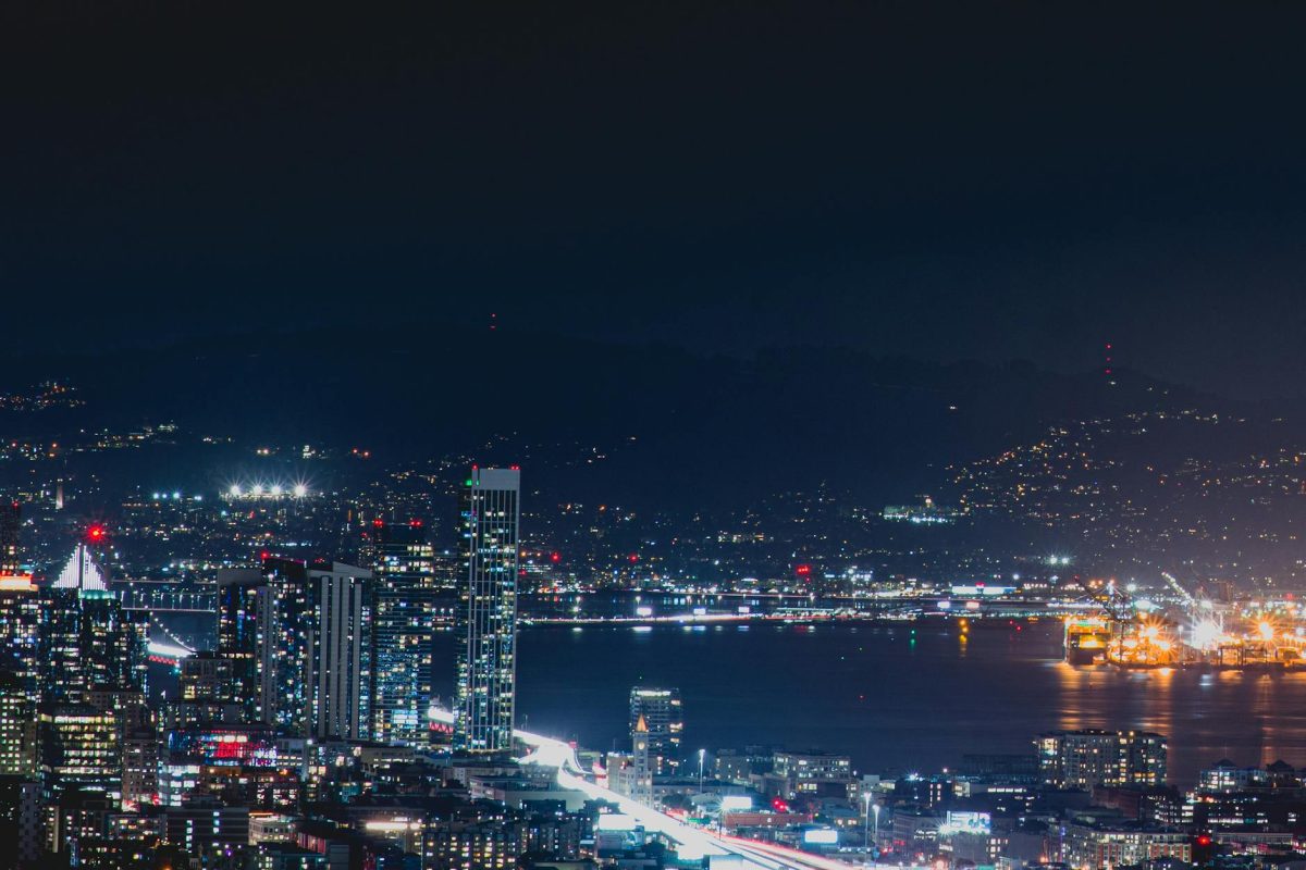Vibrant nighttime cityscape of San Francisco with iconic landmarks and illuminated skyline.